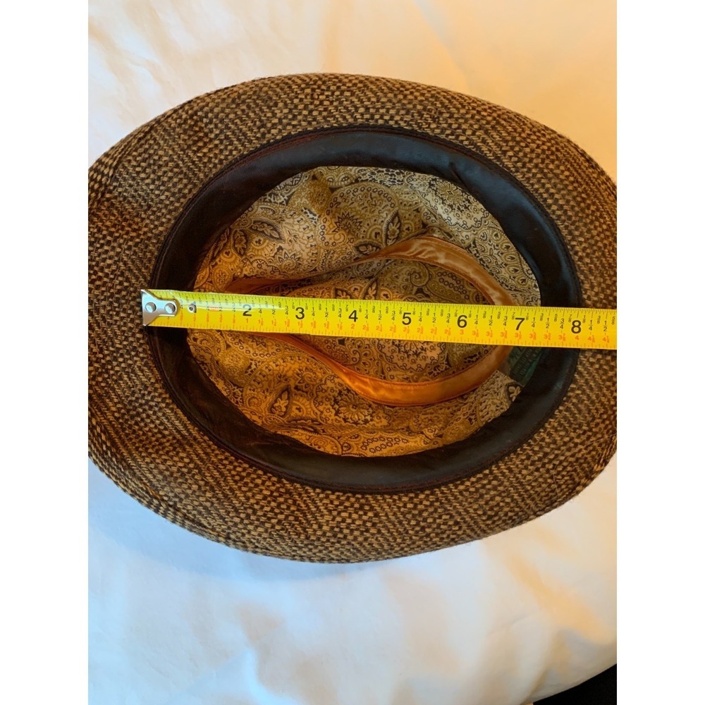 Vintage Brown Houndstooth Fedora Hat with Feather Size 7 3/8 (see measurements) - Picture 11 of 13